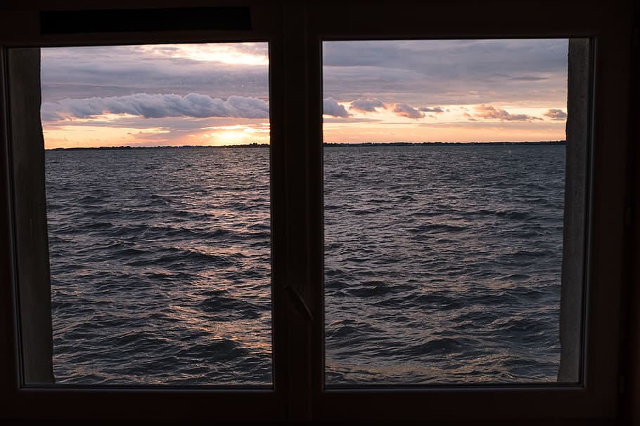 window, window view, ocean, beach house, sunset, sky, sea, water, HD wallpaper