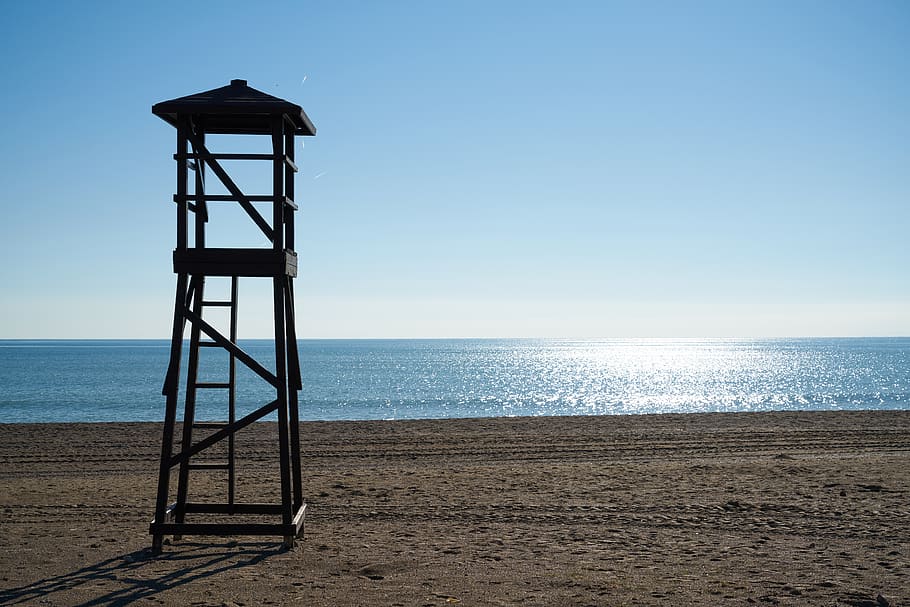 marine, beach, landscape, wave, sand, sky, clouds, sunny, tower HD wallpaper