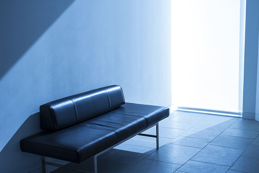 Sunlight, Couch, Sofa, Room, Lobby, Office, blue, indoors, modern HD wallpaper