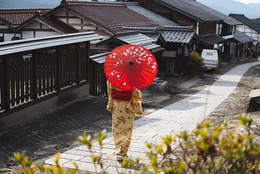 Woman Wearing a Kimono Holding Umbrella, Asian, japan, japanese culture