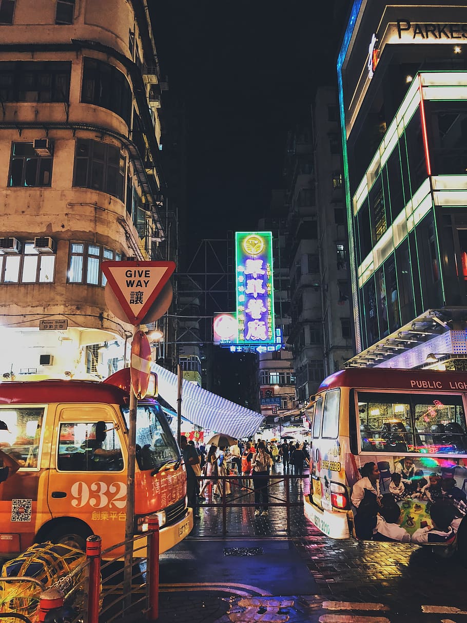 hong kong, tsim sha tsui, night market, buildings, urban, bus, HD wallpaper