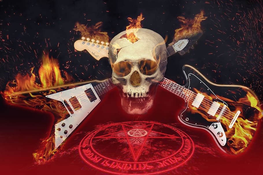guitar, music, rock, skull, pentagram, arts culture and entertainment, HD wallpaper