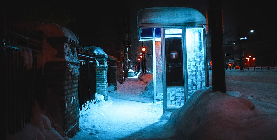 gray metal framed booth, night, illuminated, cold temperature HD wallpaper