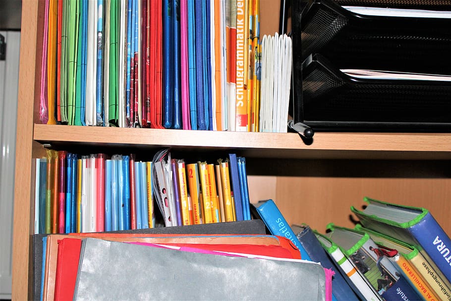 stuff, school, books, learn, shelf, large group of objects HD wallpaper