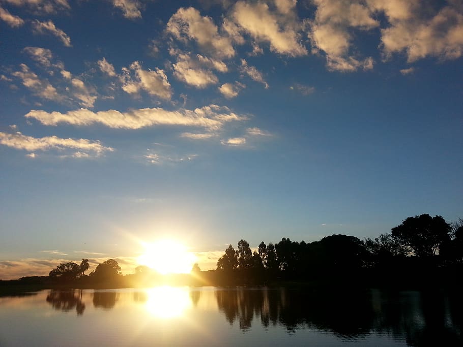 brazil, erechim, sunset, sky, blue, lake, trees, colors, beauty in nature HD wallpaper