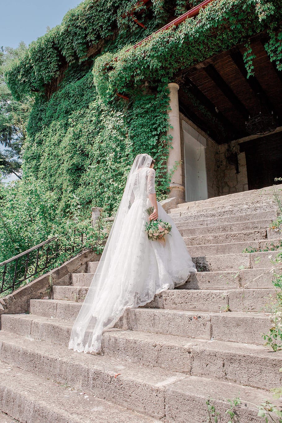 bride walking on stairway near garden, wedding, wedding dress, HD wallpaper