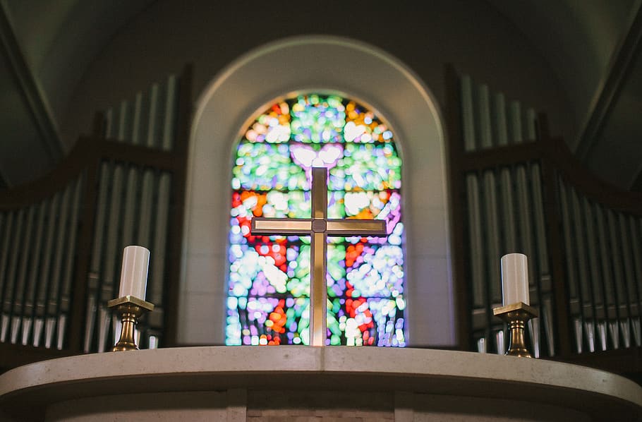 cross stained glass frame, place of worship, architecture, belief HD wallpaper