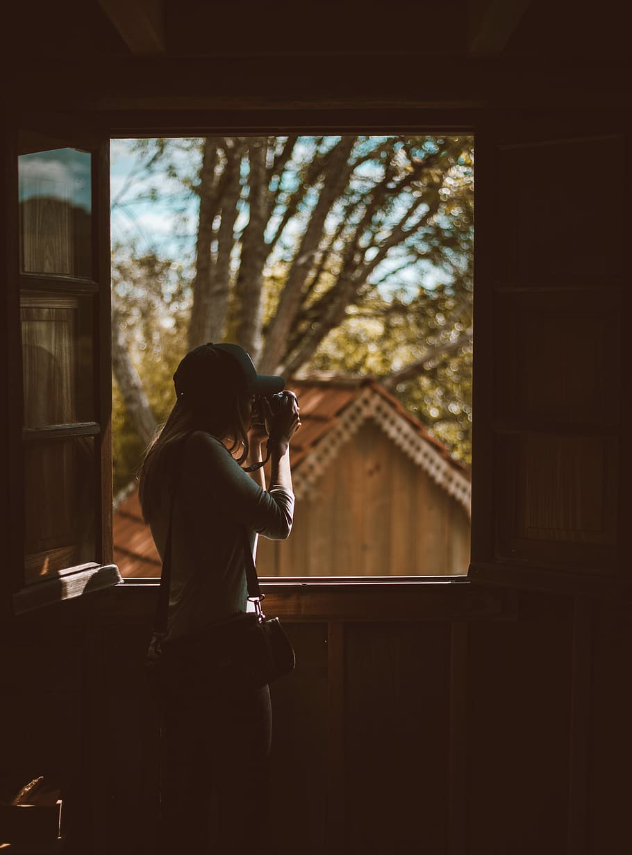 woman taking photo outside window, human, person, photography, HD wallpaper