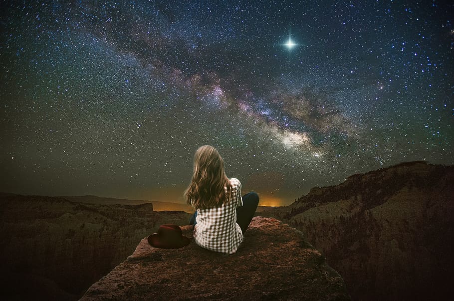 fantasy, landscape, mountains, stars, sky, nightsky, woman