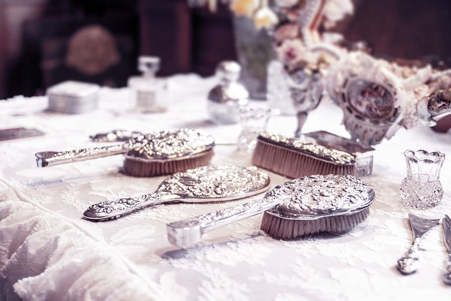 Silver Floral Hairbrush, brushes, close-up, color, indoors, luxury HD wallpaper