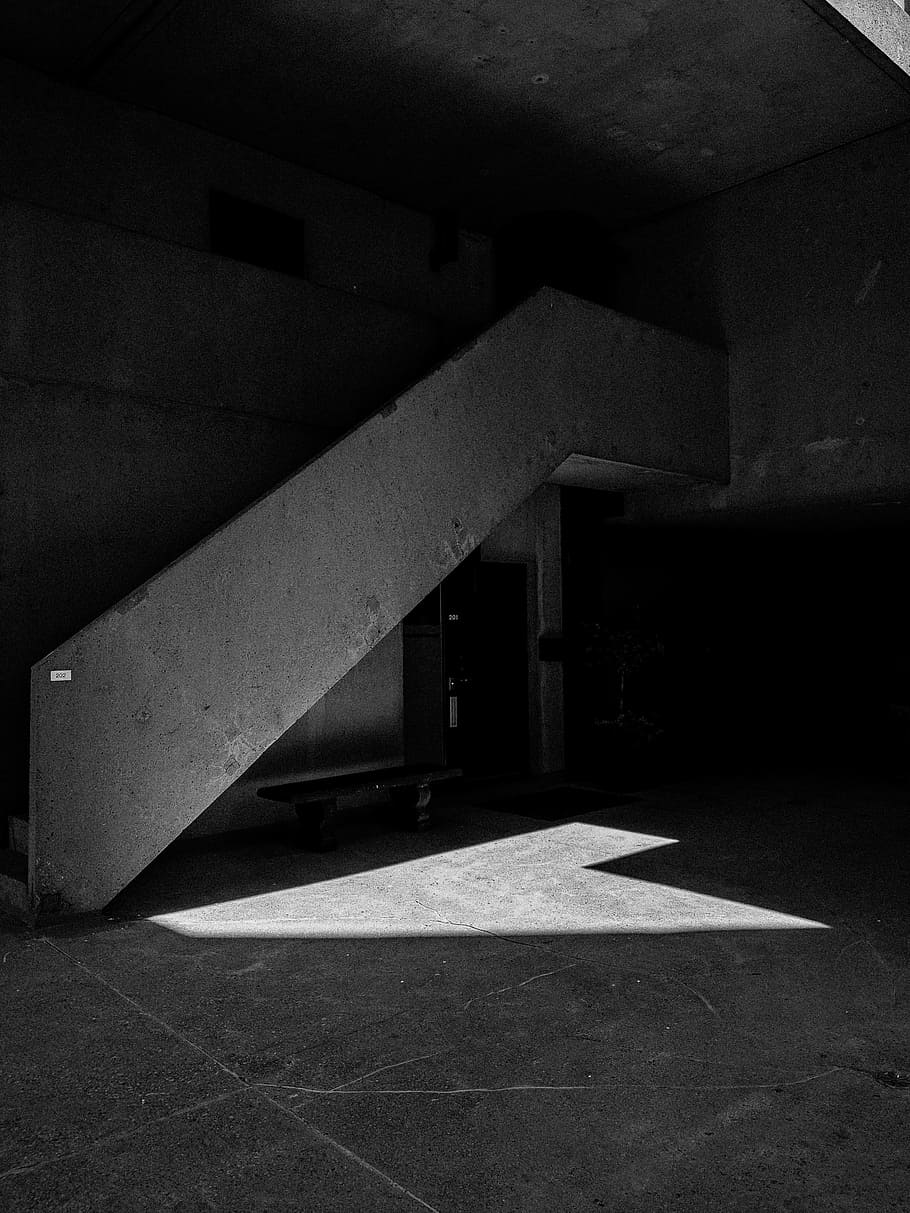 gray stair in grayscale photography, building, interior, concrete