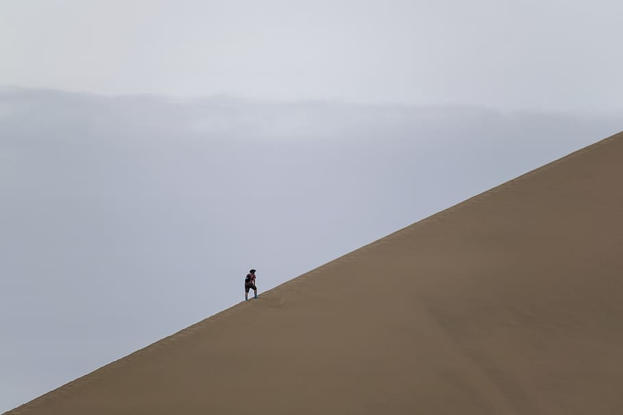 person climbing desert, soil, outdoors, sand, nature, dune, human HD wallpaper