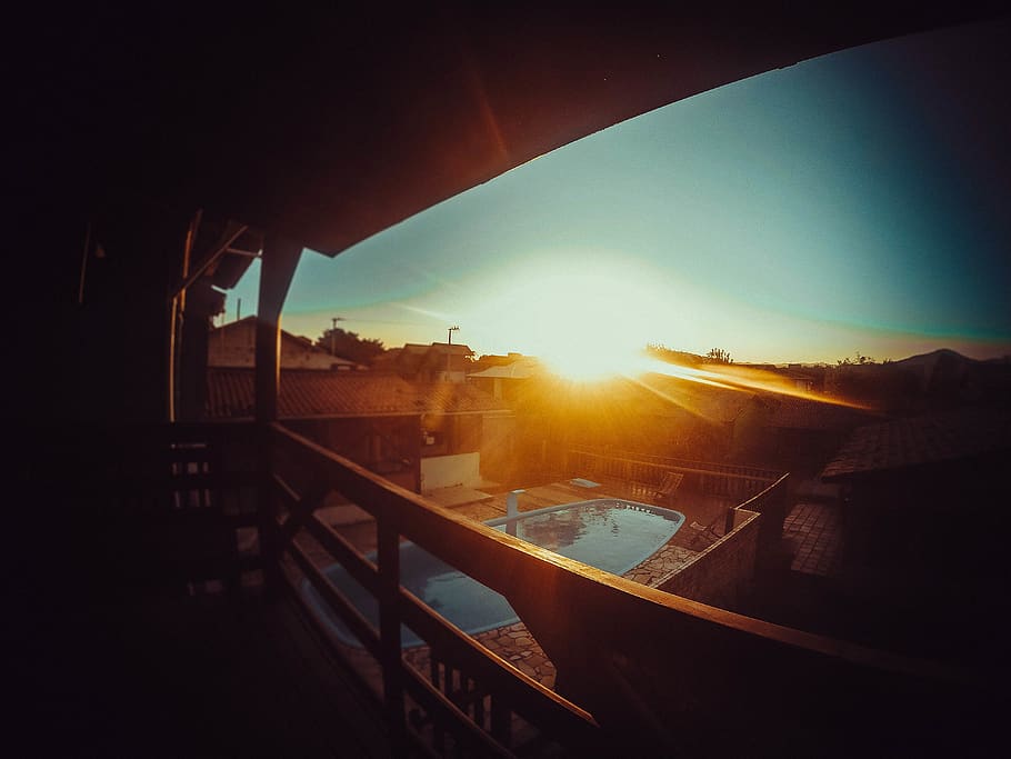 sun, trees, pool, sunset, bandb, sky, lens flare, sunlight HD wallpaper