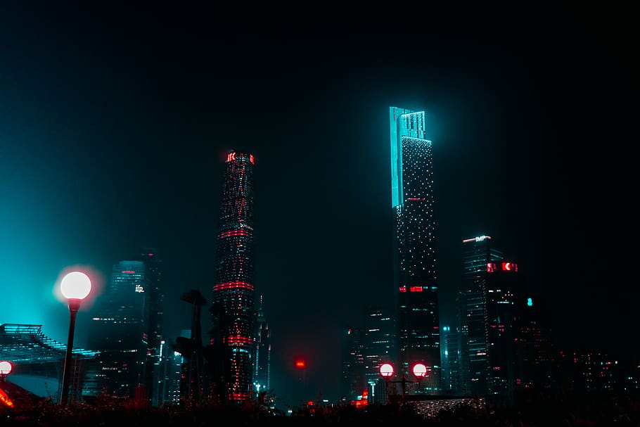 high-rise buildings at nighttime, building exterior, architecture HD wallpaper