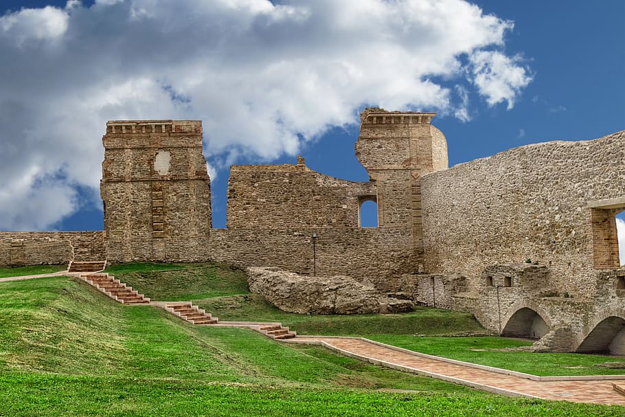 castle, grass, sky, green, architecture, clouds, blue, fortress HD wallpaper