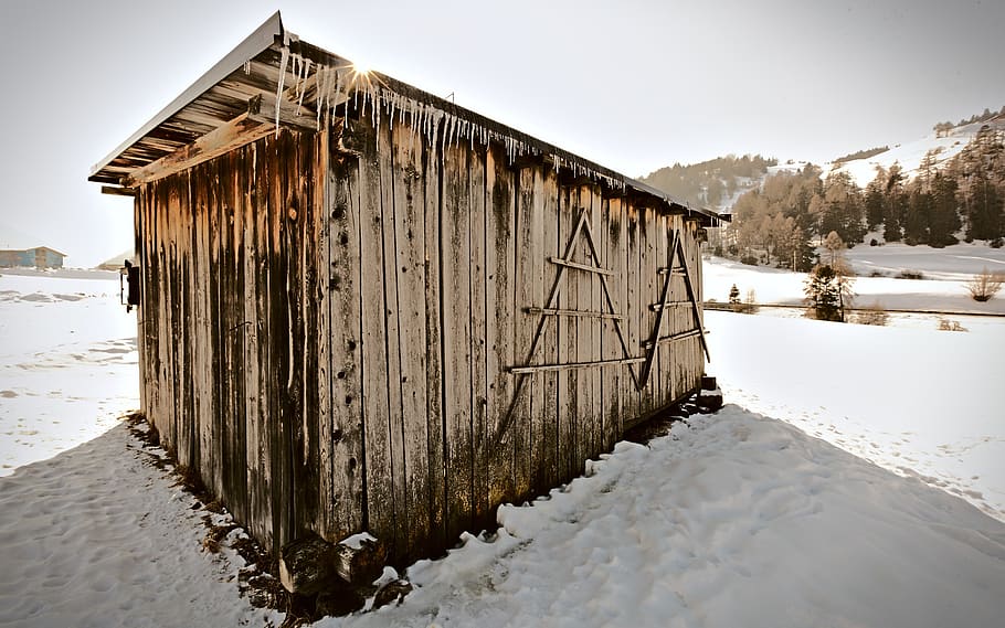 snow, hut, ice, sun, flare, wood, old, winter, cold temperature HD wallpaper
