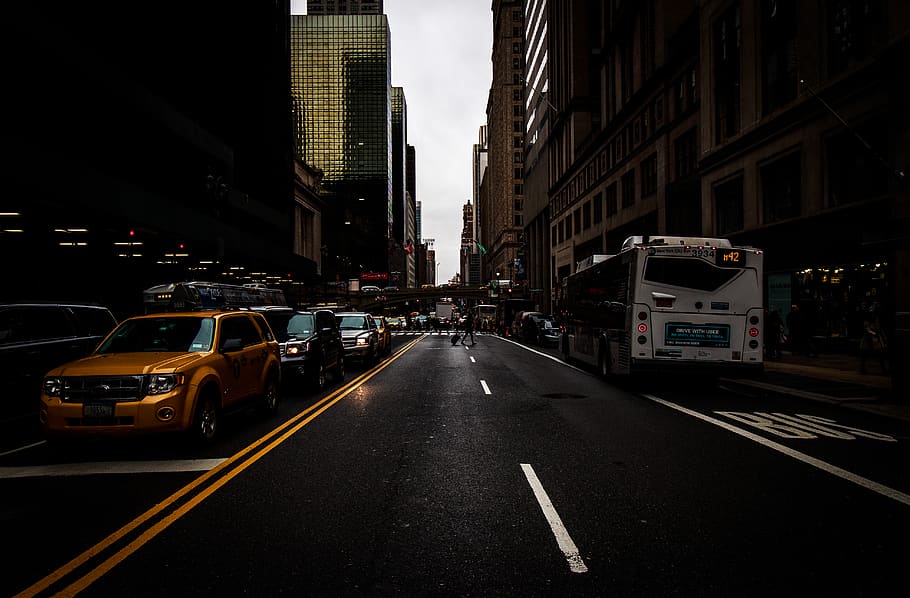 new york, united states, cars, street, yellow, dark, taxi, cityscape, HD wallpaper