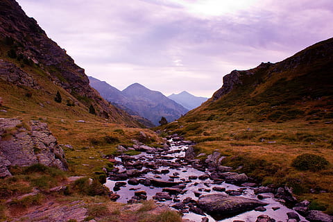landscape, mountains, river, stones, tristaina, summit, andorra HD wallpaper