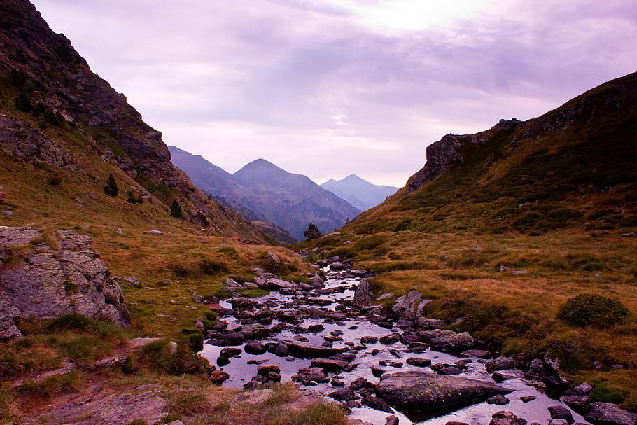landscape, mountains, river, stones, tristaina, summit, andorra HD wallpaper