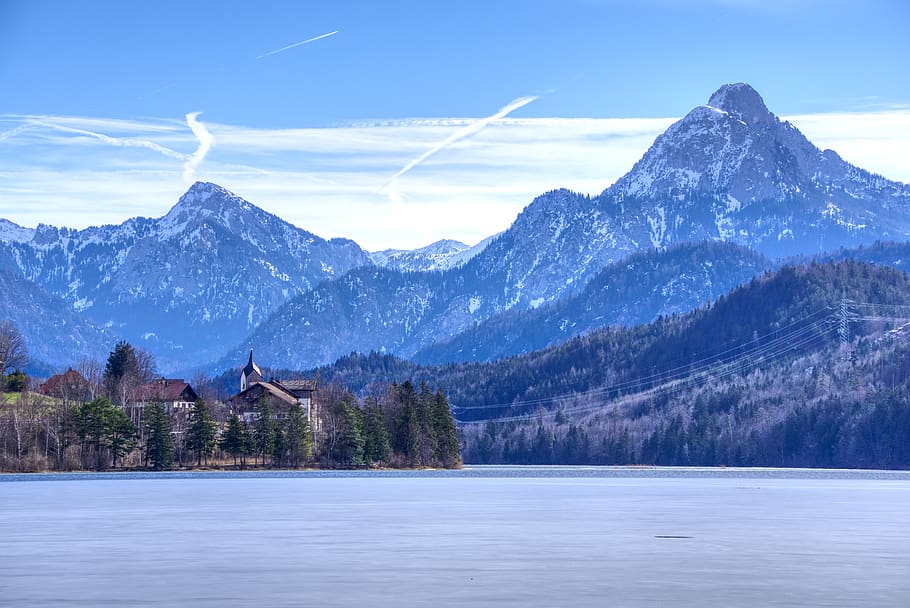 alpine, mountains, mountain range, snow, lake, lake weissensee HD wallpaper