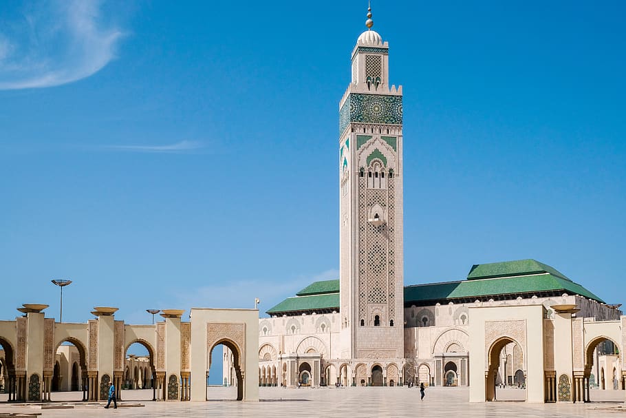 mosque, casablanca, morocco, islam, muslim, minaret, architecture, HD wallpaper