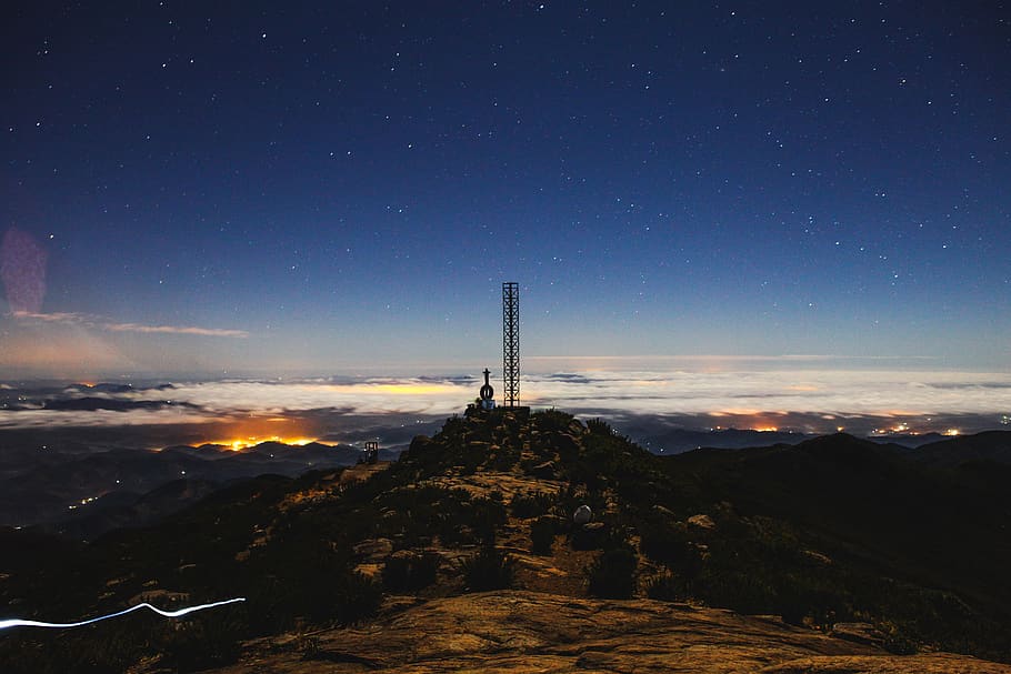 tower on mountain under blue sky, nature, outdoors, night, landscape HD wallpaper