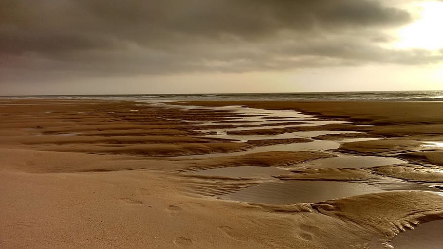 beach, sand, puddle, overcast, water, sky, sea, cloud - sky HD wallpaper