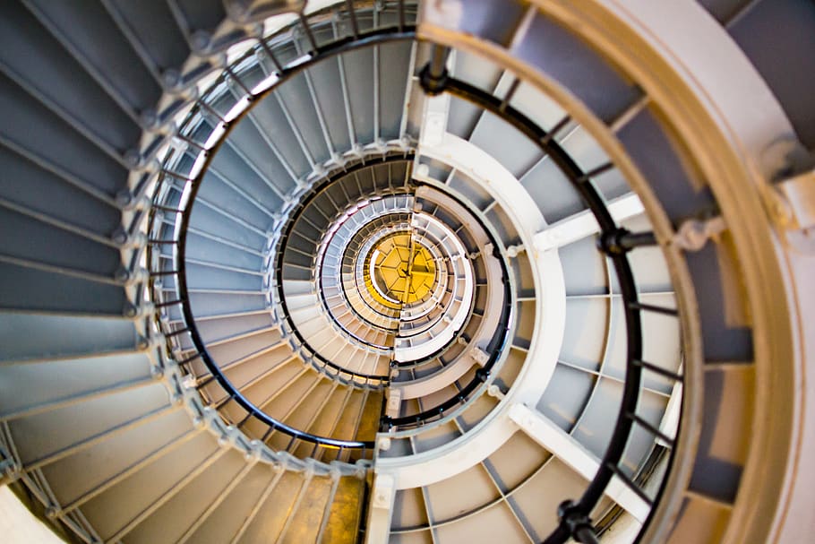 staircase, geometry, repetitive, vanishing point, spiral, lighthouse HD wallpaper