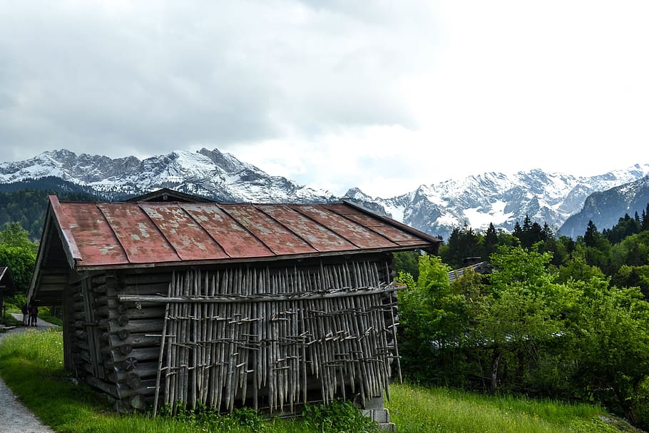 cabin, hut, wood, landscape, nature, mountains, peaks, snow HD wallpaper