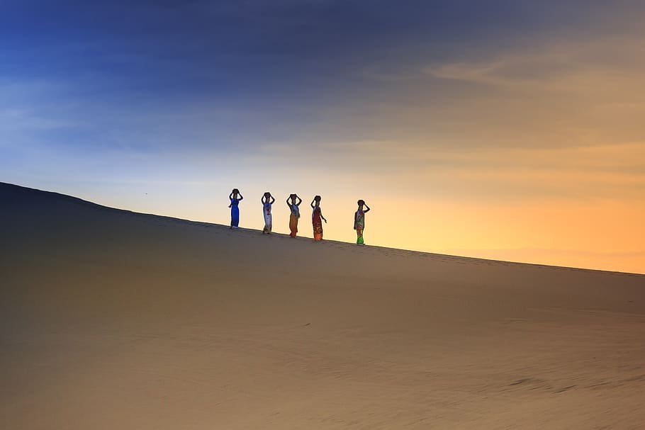 Five People on Desert, arid, backlit, barren, dawn, daylight