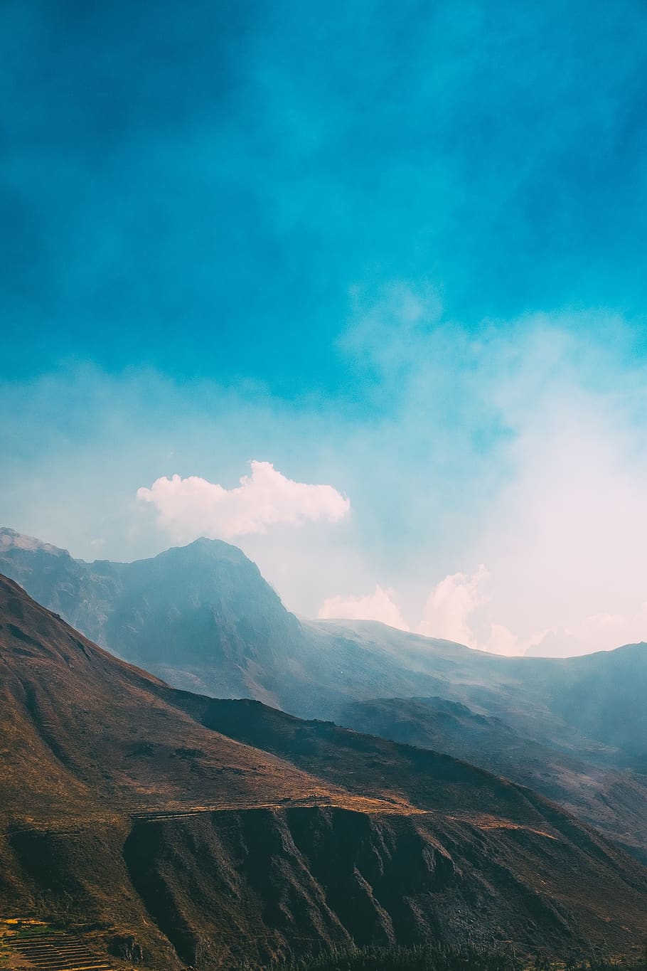 nature, landscape, mountains, summit, peaks, sky, clouds, gradient HD wallpaper