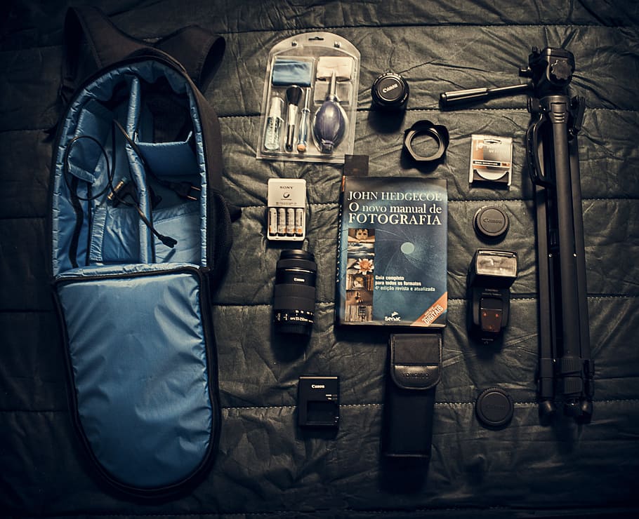 Camera Equipments, bag, batter, book, canon, flash, lens, technology HD wallpaper