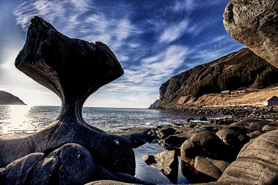 brown rock formation beside beach, nature, outdoors, ocean, sea HD wallpaper