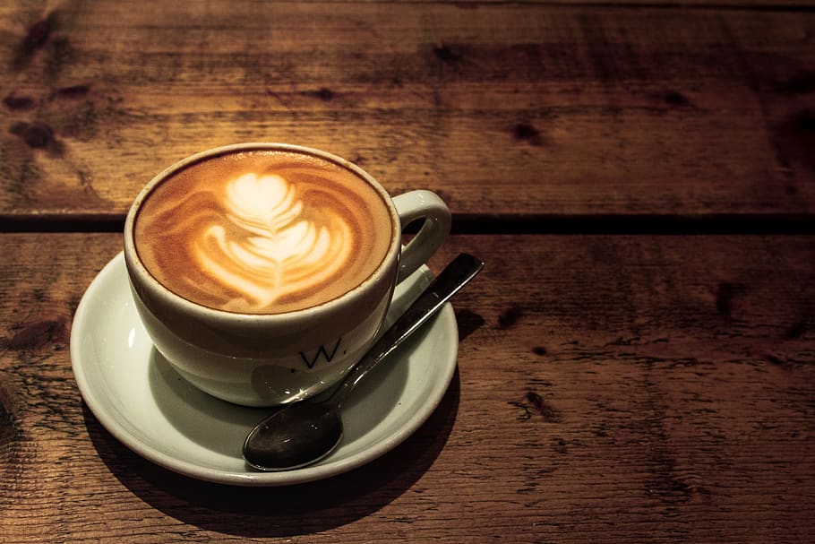 latte, beverage, coffee cup, drink, cutlery, spoon, saucer, HD wallpaper