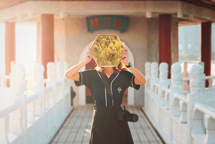 woman holding yellow poster, mirror, abstract, portrait, reflection HD wallpaper