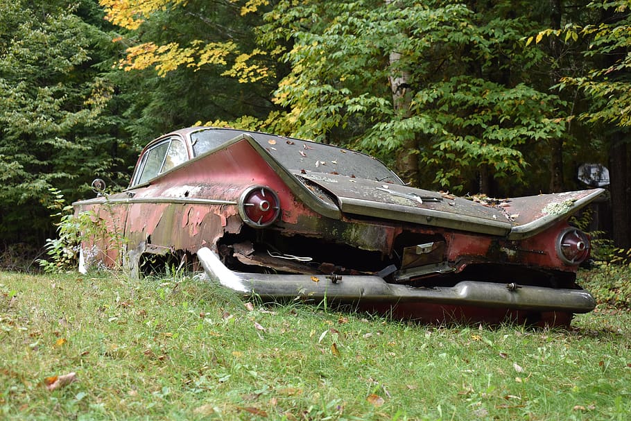 old car, rusting, broken, nostalgia, abandoned, plant, land HD wallpaper