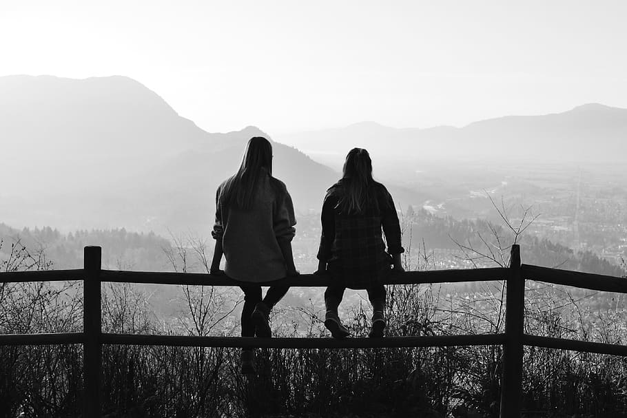 outside, adventure, explore, fall, silhouettes, mountains, from behind HD wallpaper