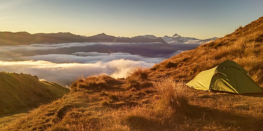 Green Tent On Top Of Mountain, camping, clouds, dawn, daylight, HD wallpaper