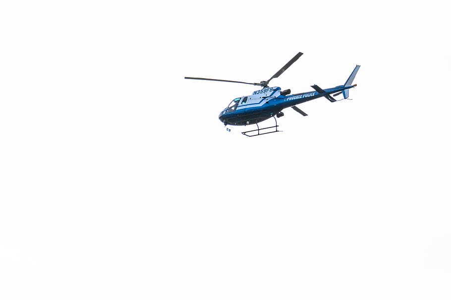 blue helicopter on air, transportation, aircraft, vehicle, flying