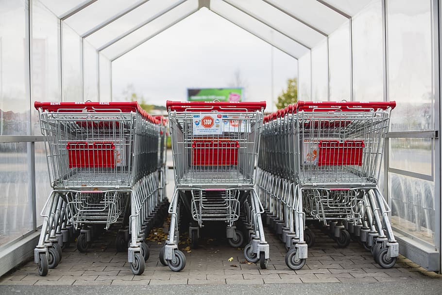 gray and red shopping carts, bubenreuth, germany, supermarket trolley