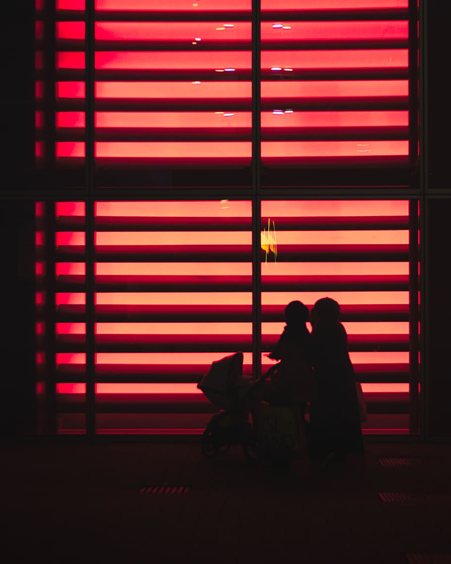 red lighted window blinds, real people, lifestyles, sitting, indoors HD wallpaper