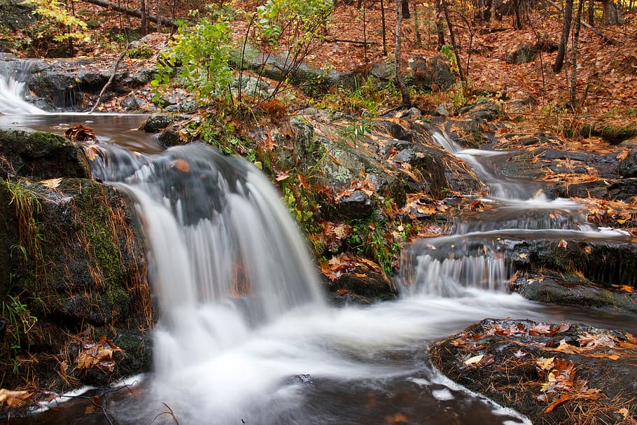 Long Exposure Photography of River, foliage, nature, rocks, stream HD wallpaper