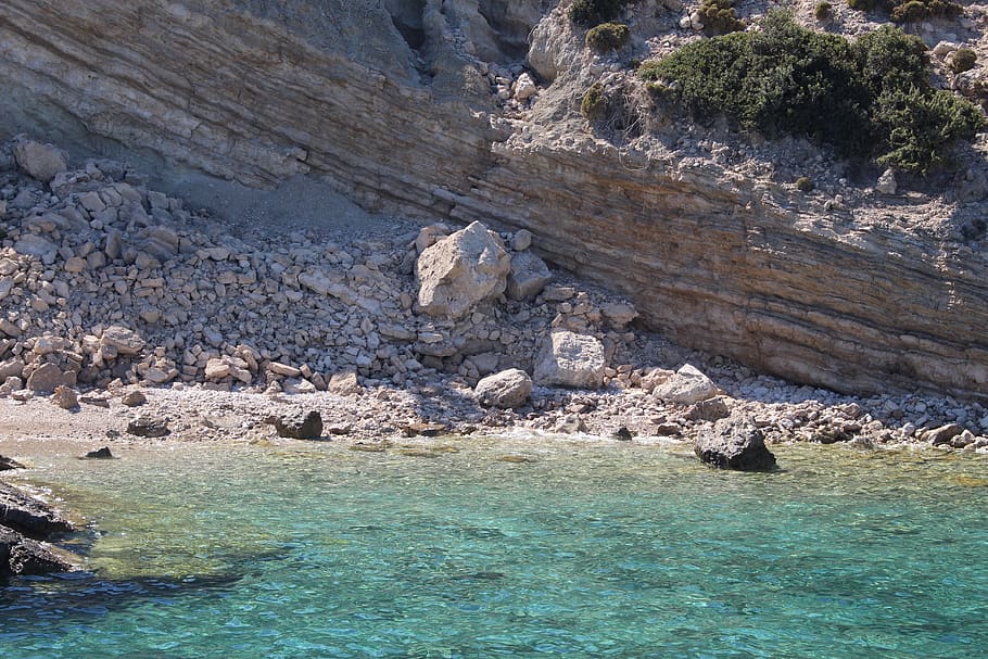 greece, kos, rock, wave, cliff, mountain, shore, shallow, water HD wallpaper