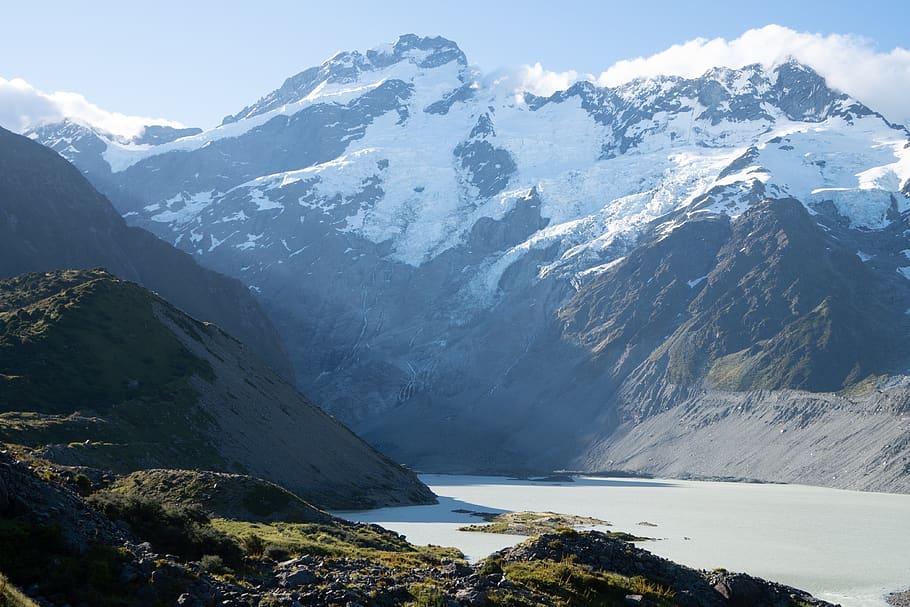 mountain, mountains, nature, lake, glacier, snow, sunset, godrays HD wallpaper
