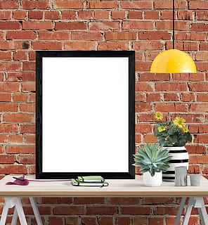 poster, plants, books, frame, table, interior, lamp, wall, brick HD wallpaper