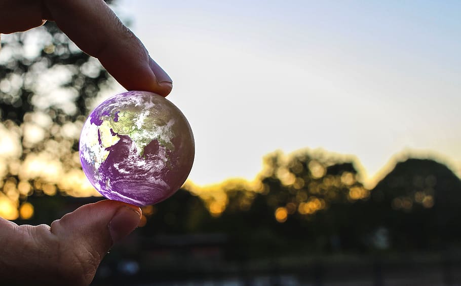 hands, finger, human, world, globe, planet, small, sunset, out HD wallpaper
