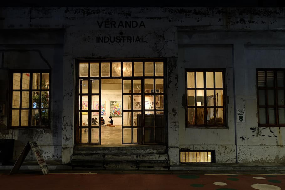 industrial, cafe, gallery, building, night, architecture, window HD wallpaper
