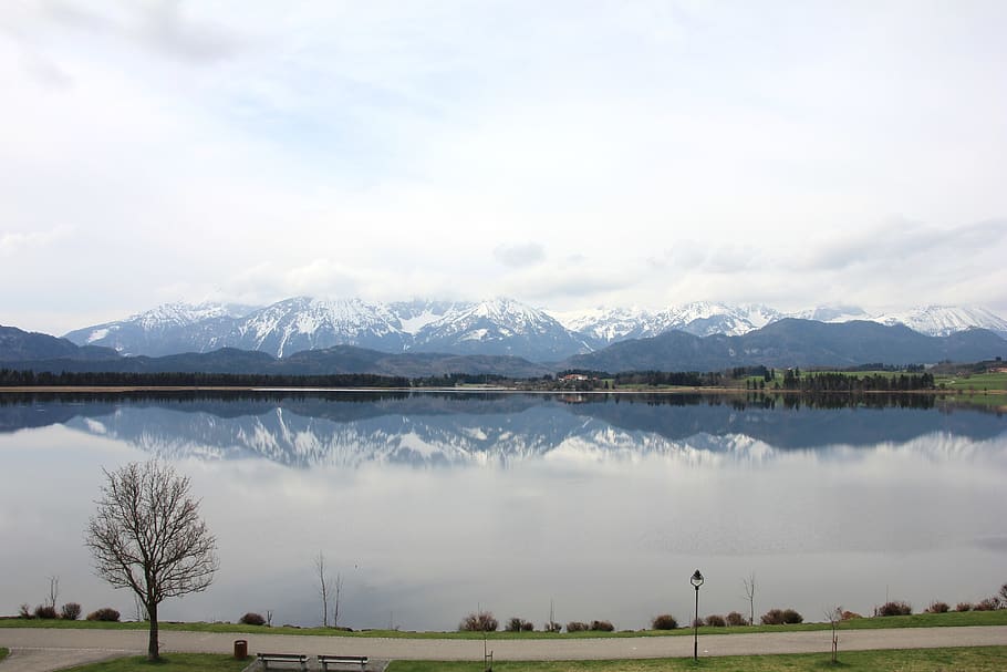 lake, mountains, sky, blue, water, landscape, nature, clouds HD wallpaper
