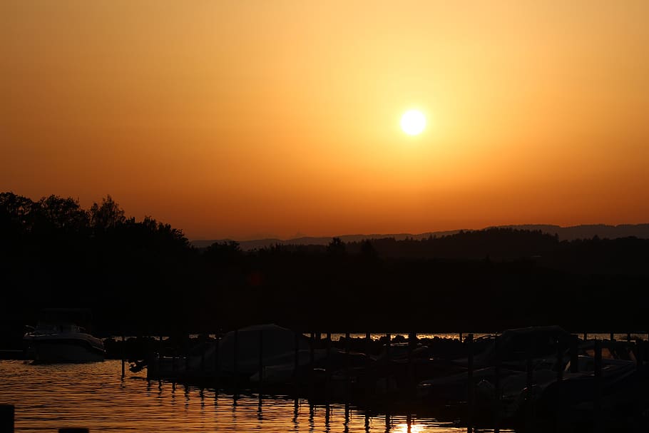 sunset, lake, nature, evening, port, sky, orange color, water HD wallpaper