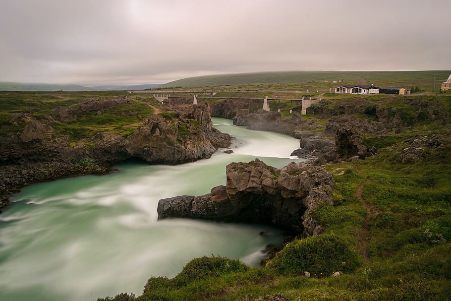 river, landscape, iceland, blue, rock, stones, nature, creek HD wallpaper